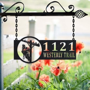 Personalized Lineman Metal Address Sign House Number Hanging Address Plaque Yard Sign, Outdoor Sign Garden Stake, Metal Address Sign