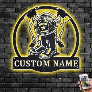 Custom Fire Fighter Gear Metal Wall Art With LED Light, Personalized Firefighter Name Sign Decoration For Room, Firefighter Metal Home Decor