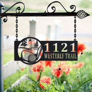 Personalized Male Golfer Metal Address Sign House Number Hanging Address Plaque Yard Sign, Outdoor Sign Garden Stake, Metal Address Sign