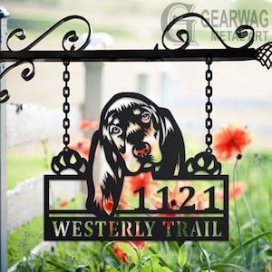 Personalized Black And Tan Dog Metal Address Sign House Number Hanging Address Plaque Yard Sign, Outdoor Sign Garden Stake, Address Sign