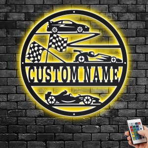 Custom Racing Car Metal Wall Art With LED Light, Personalized Racer Name Sign Decoration For Room, Racing Car Metal LED Decor, Racing Car