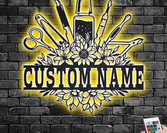 Custom Floral Nail Tools Metal Wall Art With LED Light, Personalized Nail Artist Name Sign Decoration For Room, Nail Shop Metal LED Decor