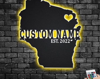 Custom Wisconsin Map Metal LED Sign: Personalized State Wall Art