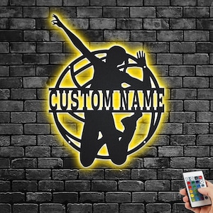 Custom Volleyball Metal Wall Art With LED Light, Personalized Volleyball Player Name Sign Decoration For Room, Volleyball Metal LED Decor