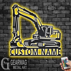 Custtom Excavator Metal Wall Art With LED Light, Personalized Excavator Driver Name Sign Decoration For Room, Excavator Metal LED Decor