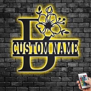 Custom Floral Alphabet B Metal Wall Art With Led Light, Personalized Alphabet Family Name Sign Decoration For Room,Last Name Metal LED Decor