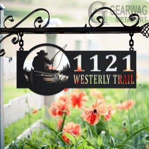 Personalized Boat Fishing Metal Address Sign House Number Hanging Address Plaque Yard Sign, Outdoor Sign Garden Stake, Custom Address Sign