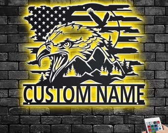 Arte de pared de metal con águila patriótica personalizada con luz LED