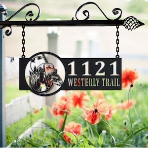 Personalized Dog Hunting Metal Address Sign House Number Hanging Address Plaque Yard Sign, Outdoor Sign Garden Stake,Address Name Metal Sign