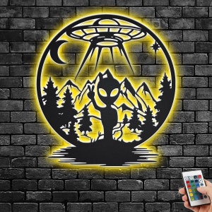 Alien Under The Moon Metal Wall Art With LED Light, Alien Under The Moon Sign Decoration For Room, UFO Alien Under The Moon Metal LED Decor