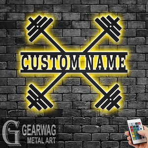 Custom Barbell Metal Wall Art With LED Light, Personalized Gymer Name Sign Decoration For Room, Barbell Metal LED Decor, Custom Gymer Name