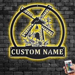 Custom Windmill Metal Wall Art With LED Light, Personalized Windmill Name Sign Decoration For Room, WindmillMetal LED Decor, Custom Windmill
