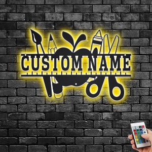 Custom Teacher Name Frame Metal Wall Art With LED Light, Personalized Teacher Name Sign Decoration For Room, Teacher Metal LED Decor