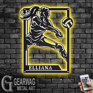 Custom Female Volleyball Signage Metal Sign With LED Light, Personalized Volleyball Player Name Sign Decoration, Volleyball Metal LED Decor