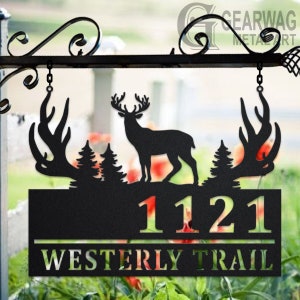 Custom Deer Hunting Metal Address Sign House number Hanging Address Plaque Yard Sign, Outdoor Sign Garden Stake, Custom Address Name Sign