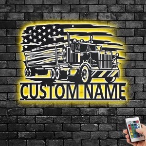 Custom US Logging Truck Metal Wall Art With LED Light, Personalized Truck Driver Name Sign Decoration For Room, Log Truck Metal LED Decor