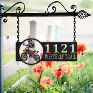 Gepersonaliseerde metalen adresbord voor crossmotor huisnummer hangend adresplaquette tuinbord, bord buiten tuinpaal, metalen adresbord