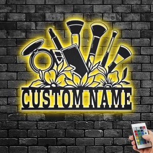 Custom Floral Makeup Tools Metal Wall Art With LED Light, Personalized Makeup Artist Name Sign Decoration For Room, Makeup Metal LED Decor
