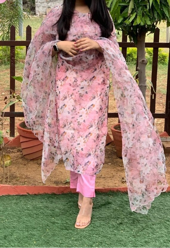Chanderi Cotton Organza Kurti Pant 