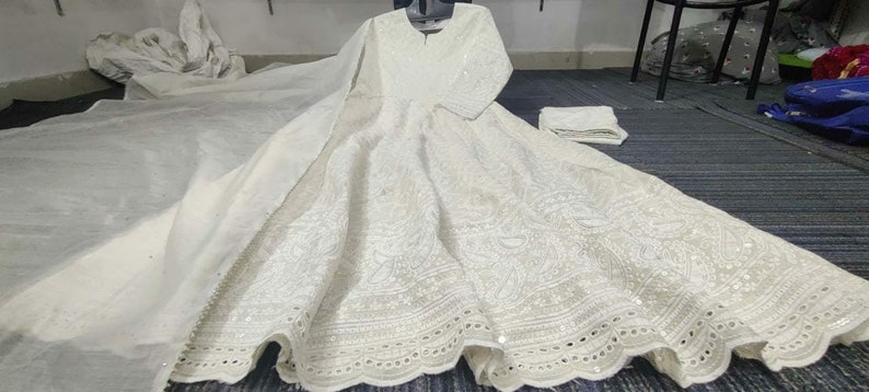 Bollywood Style Cotton Chikankari\Crochet Flaired Anarkali Kurti Dupatta-Party Wear-Indian Pakistani Suit-Jaipuri Kurti-Gown-For Women Girls 