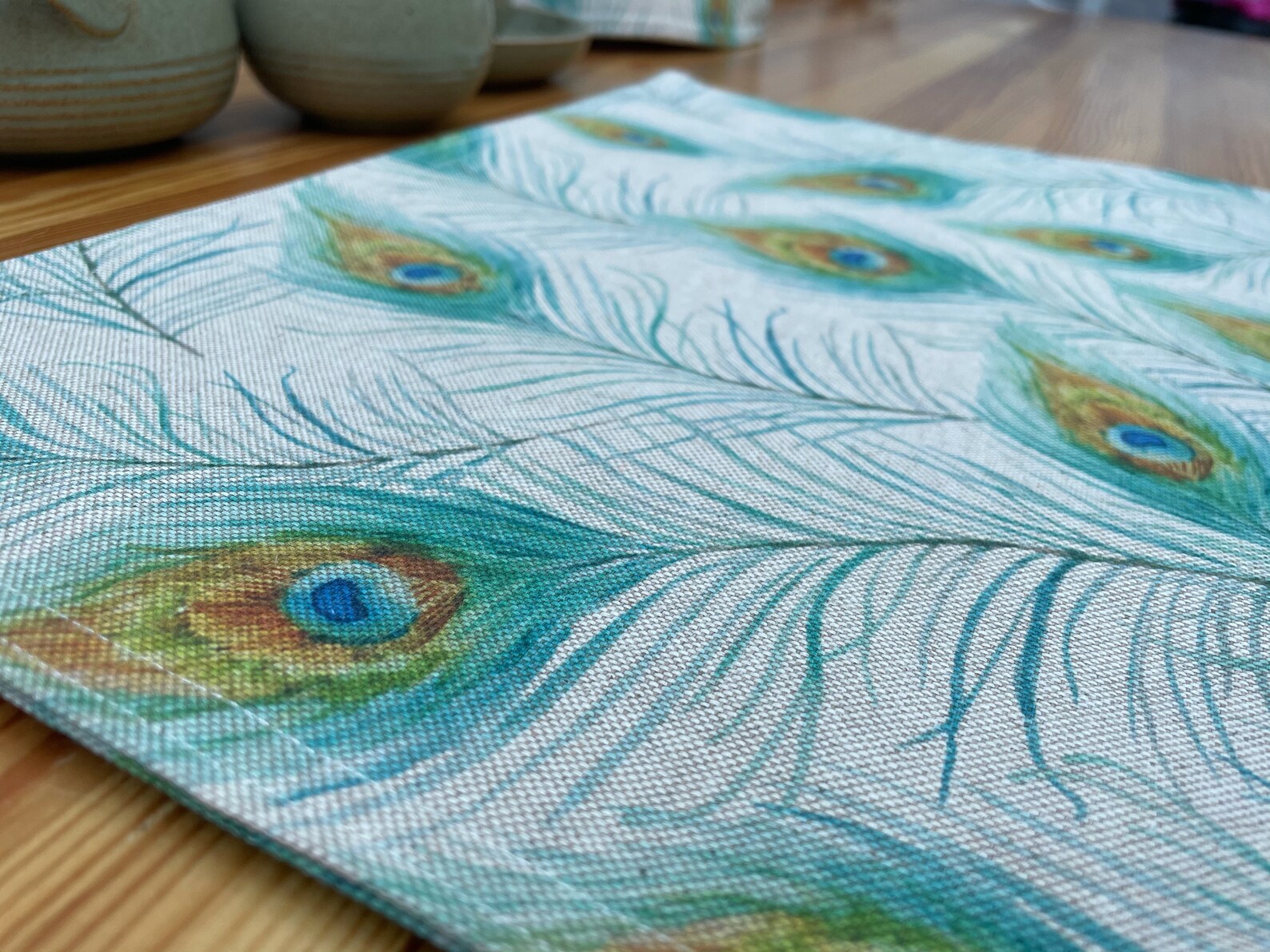 Peacock Feather Placemat Linen Placemats Reversible Etsy