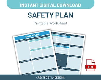 May include: A digital download of a printable safety plan worksheet. The worksheet has a blue and white design with sections for stressors, thoughts, feelings, and safe contacts. The PDF icon is in the bottom right.