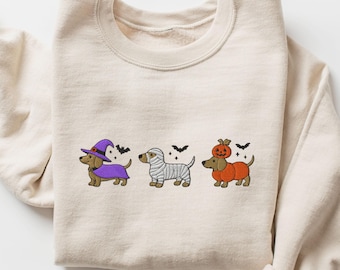 EMBROIDERED Halloween Doxie Sweatshirt, Cute Spooky Season Dachshund Sweater, Doxie Mom Fall Sweat Shirt, Wiener Dogs In Costume Crewneck