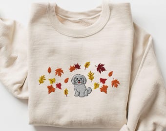 EMBROIDERED Fall Leaves Shih Tzu Sweatshirt, Cute Autumn Shih Tzu Mom Shirt, Falling Leaves Dog Mom Sweater, Shihtzu Mama Sweat Shirt Crew