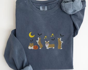 Embroidered Halloween Corgi Sweatshirt, Comfort Colors Corgi Shirt, Spooky Season Dog Sweater for Corgi Moms, Corgi Gifts