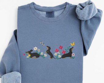 EMBROIDERED Cottagecore Dachshund Comfort Colors 1466 Sweatshirt, Spring Flowers Doxie Sweater, Floral Botanical Dog Shirt, Cottage Core