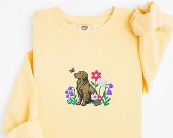 EMBROIDERED Comfort Colors Golden Retriever Spring Flowers Sweatshirt, Cottagecore Floral Dog Mom Sweater, Botanical Dogs Embroidery