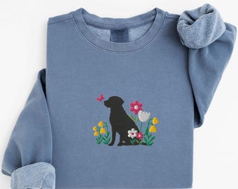 EMBROIDERED Spring Black Labrador Retriever Sweatshirt, Cottagecore Black Lab Sweater, Floral Dog Mom Shirt, Botanical Flowers Dog Crewneck