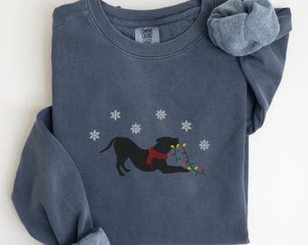 EMBROIDERED Comfort Colors Pitbull Christmas Lights Sweatshirt, Pittie Holiday Sweater, Santa Pit Bull Mom Shirt, Xmas Festive Dog Crewneck