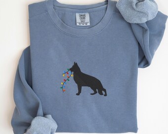 EMBROIDERED German Shepherd Christmas Lights Sweatshirt, Festive GSD Sweater, Santa Shepherd Shirt, GSD Mom Gifts, Christmas Dog Crewneck