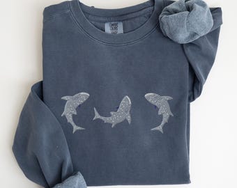 Embroidered Whale Shark Comfort Colors Sweatshirt, Ocean Lover Gift, Marine Biologist Life Sweater, Aesthetic Sea Life Clothing