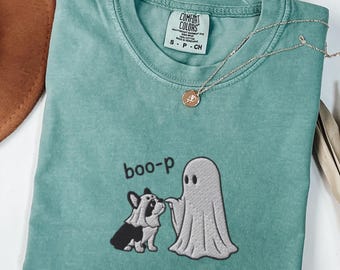 EMBROIDERED French Bulldog Boop Halloween Shirt, Frenchie Mom Comfort Colors Tshirt, Spooky Boston Terrier Ghost T-Shirt