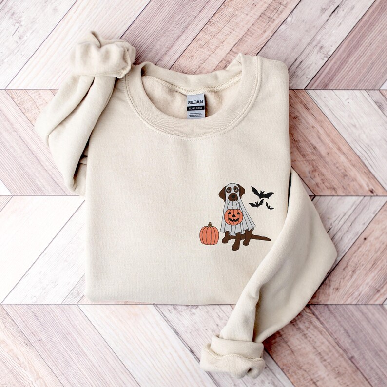 May include: A cream-coloured sweatshirt featuring a graphic of a brown dog dressed as a ghost, holding a jack-o'-lantern. Two bats are flying above the dog, and a pumpkin is on the ground.