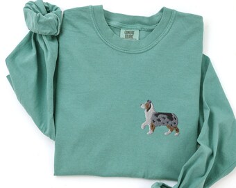 Embroidered Blue Merle Australian Shepherd Long Sleeve Shirt, Comfort Colors Aussie Shepherd Crewneck, Aussie Dog Mom Gifts, Aussie Dad Gift