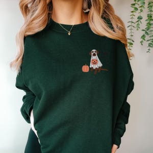 May include: A dark green sweatshirt featuring a graphic of a brown dog dressed as a ghost holding a jack-o'-lantern. The dog is sitting next to a small orange pumpkin.