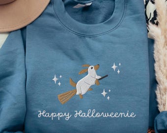 EMBROIDERED Happy Halloweenie Sweatshirt, Dachshund Halloween Sweater, Doxie Mom Spooky Season Shirt, Spooky Wiener Dog, Sausage Dog, Dackel
