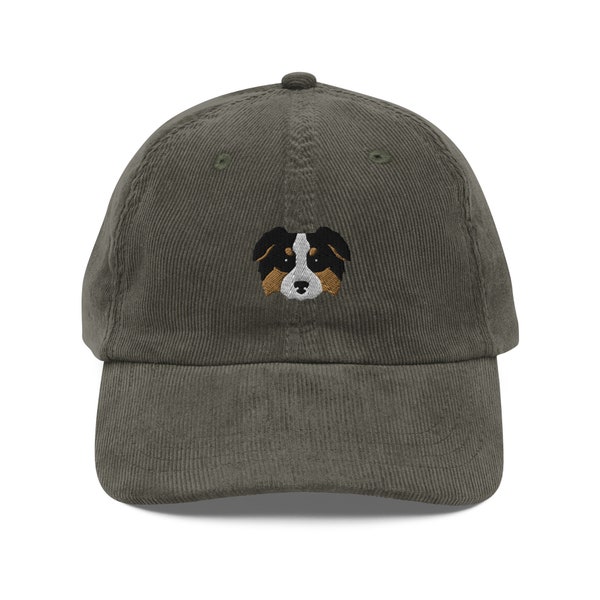 Aussie Shepherd Cap, Tricolor Australian Shepherd Embroidered Corduroy Vintage Style Hat, Aussie Shepherd Dad Baseball Cap, Tri-Color Aussie