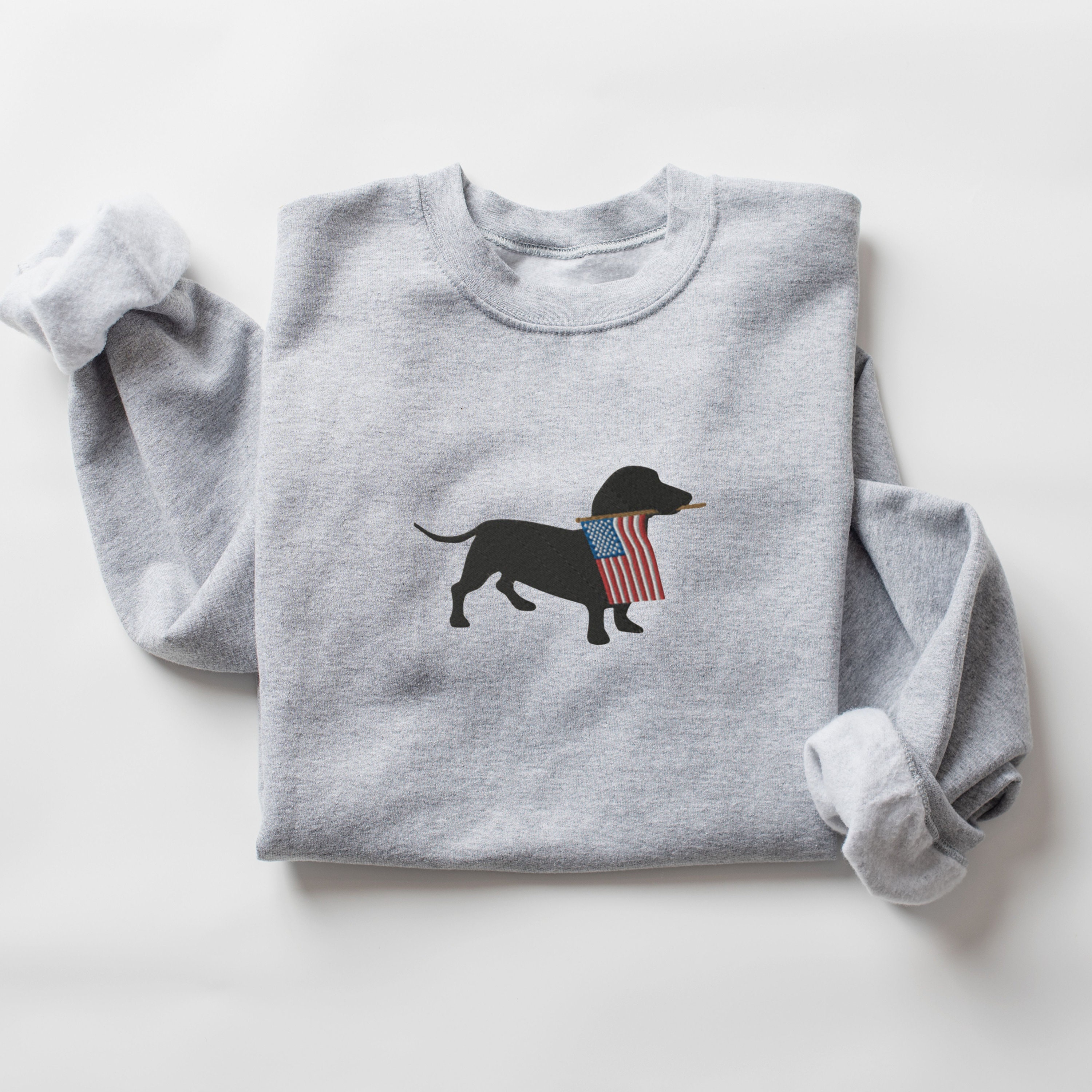 EMBROIDERED Dachshund Sweatshirt, Doxie USA Flag Sweater