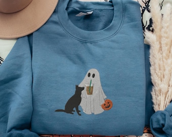 EMBROIDERED German Shepherd Halloween Sweatshirt, GSD Ghost Mama Sweater, Spooky Season GSD Mom Crewneck, Dog Ghost Sweater, Iced Coffee Mom
