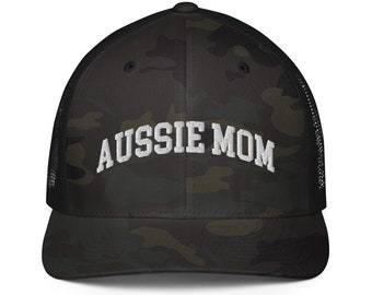 Aussie Mom Trucker Cap, Embroidered Australian Shepherd Mama Trucker Hat, Closed Back Aussie Mom Trucker Cap, Aussie Shepherd Dog Mama Gift
