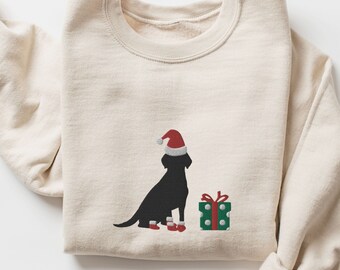 Embroidered Christmas Black Lab Sweatshirt, Cute Labrador Retriever Holiday Crewneck, Festive Lab Shirt, Embroidery, Black Lab Mom Gifts