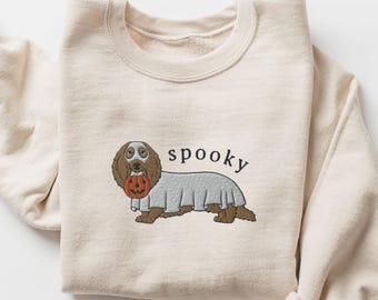 EMBROIDERED Halloween Doxie Sweatshirt, Spooky Dachshund Sweater Crewneck, Spooky Season Wiener Dog, Sausage Dog, Dackel, Doxie Mom Gifts
