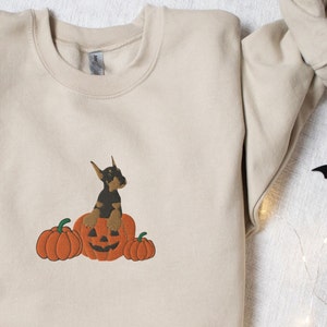 Halloween Doberman Embroidered Sweatshirt, Cute Dobie Embroidery, Dobermann Pinscher Fall Crewneck, Dobe Mom Gifts, Dobie Pumpkin Crew Neck