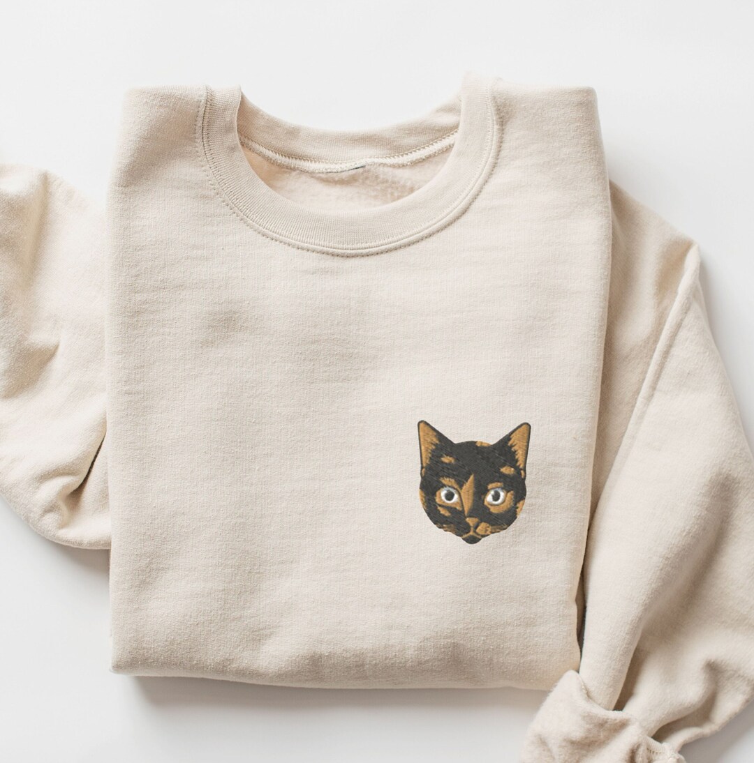 Embroidered Tortoiseshell Cat Sweatshirt, Tortie Cat Crewneck, Tortie