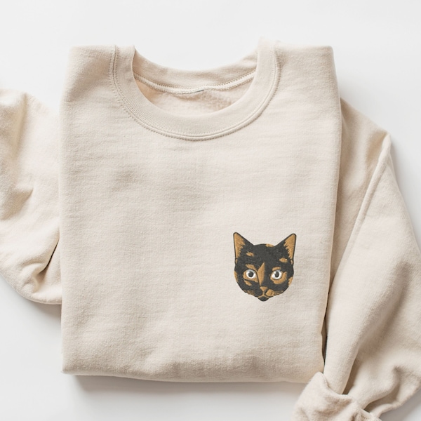 Embroidered Tortoiseshell Cat Sweatshirt, Tortie Cat Crewneck, Tortie Cat Gifts, Tortie Mom, Gift for Tortoiseshell Cat Mom, Cat Dad Gift