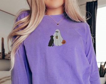 EMBROIDERED Halloween Black Lab Shirt, Spooky Season Black Labrador Retriever Mom Comfort Colors Long Sleeve Crewneck, Ghost N Iced Coffee